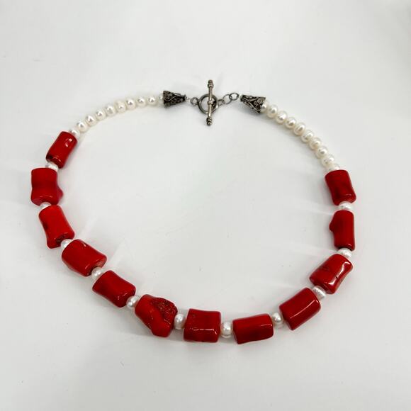 Red Coral Genuine Pearl Necklace Silver Clasp 18 inch Chunky Statement Tropical - Picture 6 of 11